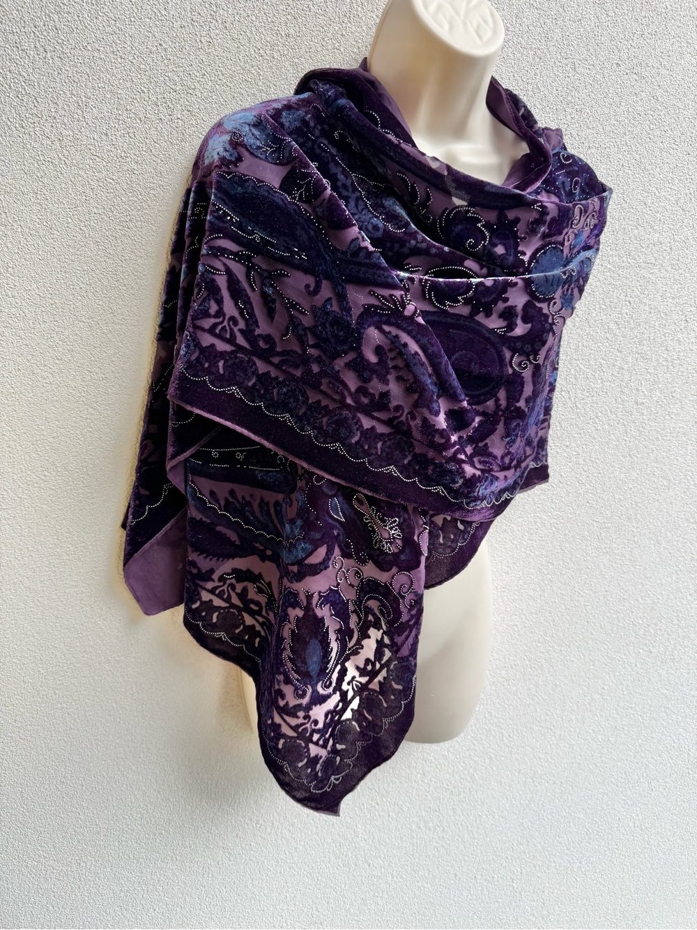 purple burnout velvet  paisley shawl floral